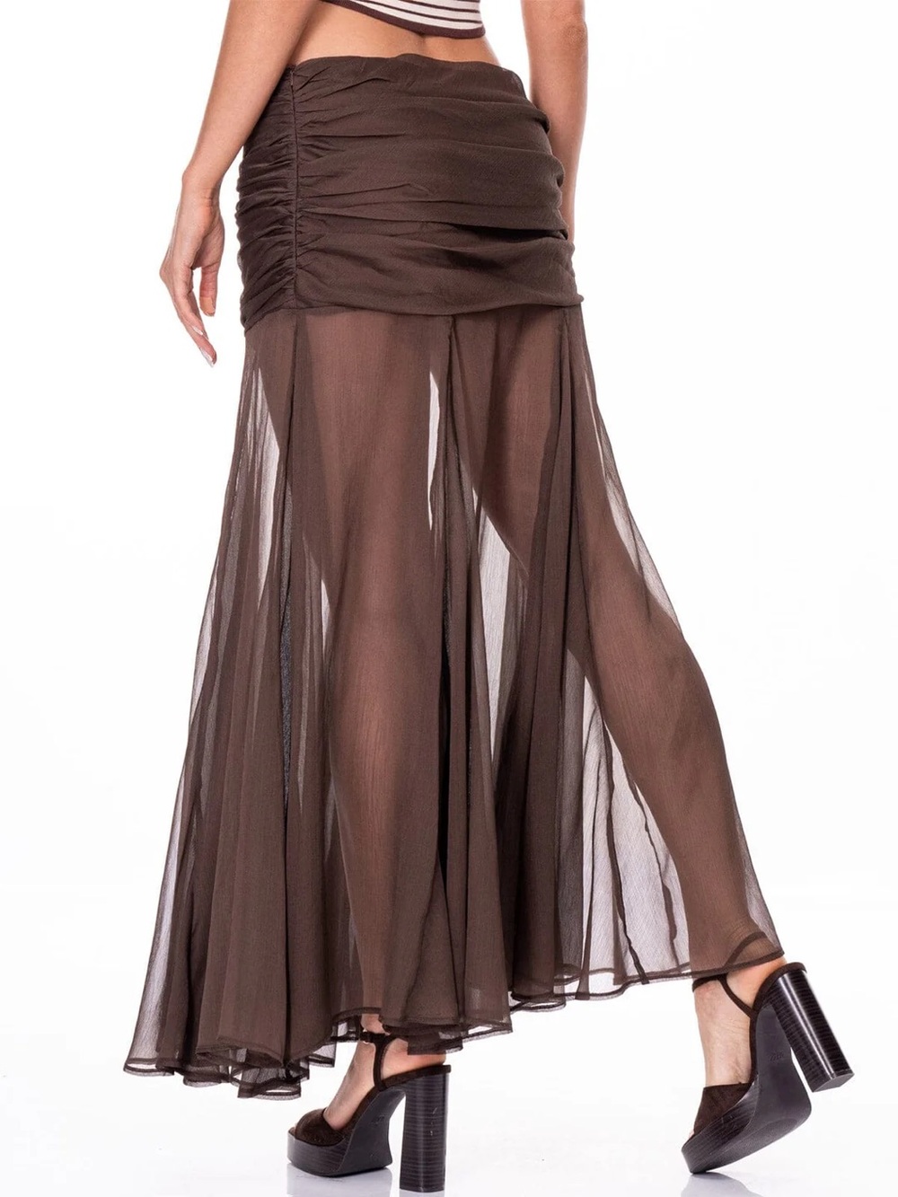 Sheer Brown Maxi Skirt with Ruched Waist